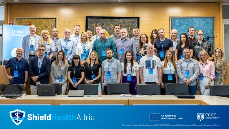 Group photo of the ShieldHealthAdria consortium partners at the kick-off meeting, hosted by Telekom Slovenije in Ljubljana